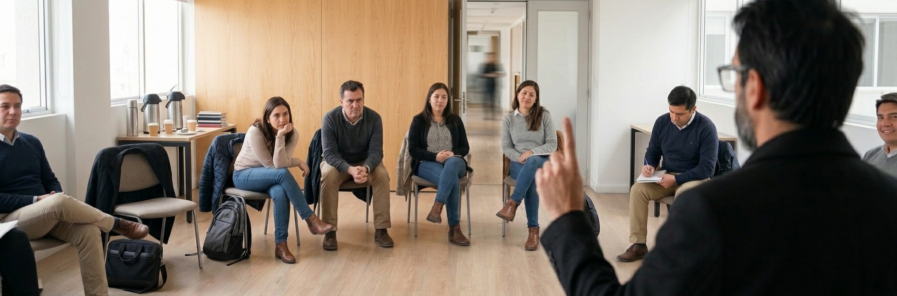 Jefatura y equipo revisando juntos cómo se reorganiza el trabajo durante un cambio.